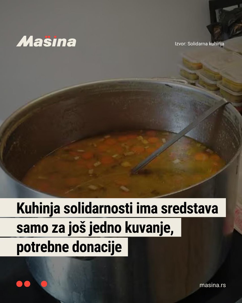 MasinaRS's tweet photo. Aktivistički kolektiv Kuhinja solidarnosti iz Novog Sada saopštio je da privremeno sledeće nedelje obustavlja svoj rad zbog manjka donacija. U pitanju je grupa volontera koja godinama unazad priprema obroke za siromašne, a finansira se donacijama građana. Pozivaju građane da im pomognu i da iznos donacije nije važan, već da je cilj da se što više ljudi uključi i „podeli teret” kako bi obezbedili obroke najugroženijima.

Saznajte više na našem sajtu👇
https://t.co/e02OSrqRbK