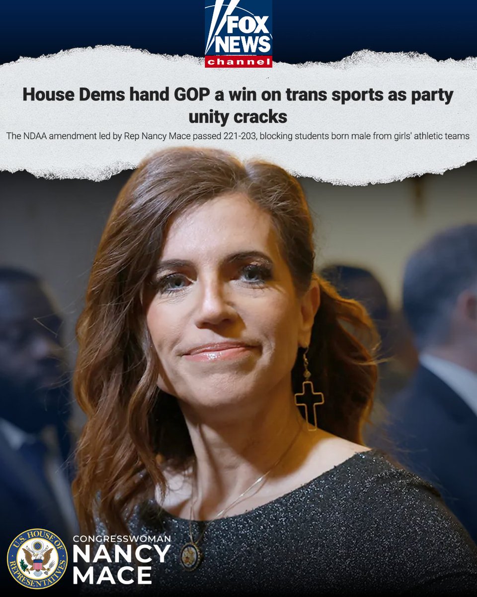 RepNancyMace's tweet photo. A boy is a boy. No ideology, no surgery, and no pronoun will ever make him a girl.

Yet boys are competing against girls, stealing their medals, entering their locker rooms, and causing girls to get hurt. The Left is more concerned with protecting feelings of mentally ill boys than protecting our daughters.

Girls deserve to compete on a level playing field, change in their own private spaces, and go home safe.

This week was a step in the right direction. Our NDAA amendment banning biological boys from competing against biological girls in Department of Defense Education Activity schools passed the House 221 to 203. Every single Republican voted yes. Five Democrats broke from their own party leadership to put girls' safety ahead of gender ideology.

Minority Leader Hakeem Jeffries and every other top Democrat voted no. Shameful, but not surprised.

The daughters of America's warfighters deserve someone who will stand up for them. We always will.