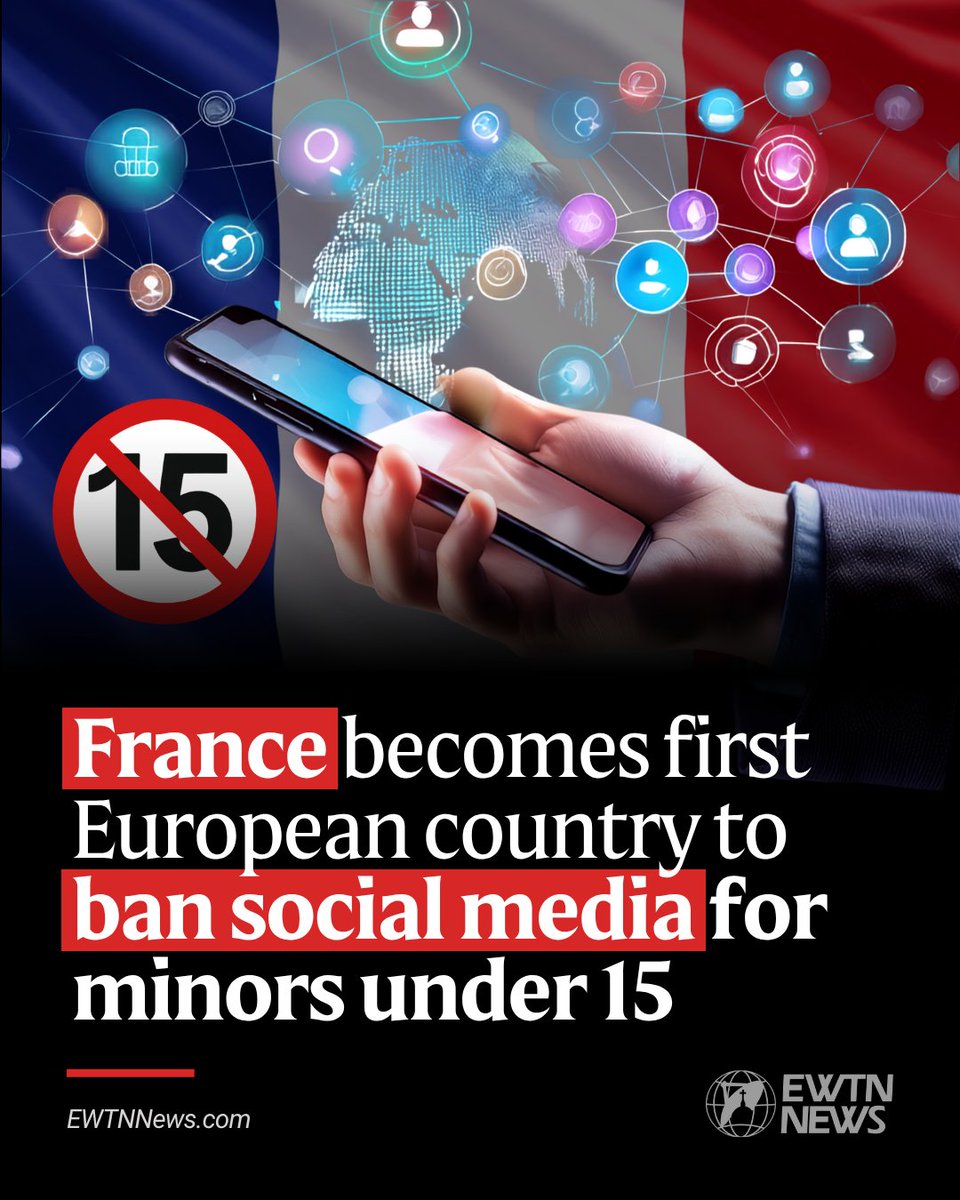 EWTNews's tweet photo. The French Parliament on July 21 definitively passed a law banning children under the age of 15 from accessing social media, making France the first country in Europe to enshrine such a restriction in its national legislation.

The measure is the culmination of a campaign led by President Emmanuel Macron since 2017 in which he has denounced anonymity on social media as a gateway to online abuse.

The law, presented as a child protection measure against all the risks associated with the use of social media, from addiction to bullying and abuse, has also reignited concerns about increased government oversight of internet users, as the age verification requirements — intended to target minors — entail identity checks for everyone.

“France is leading the way in Europe by becoming the first country to establish a ‘digital age of majority’ to better protect our children online,” said Anne Le Hénanff, minister delegate for digital sovereignty, following the vote.

The Senate adopted the compromise bill by a vote of 243 to 2, and the National Assembly followed suit a few hours later, paving the way for Macron to sign the measure into law, subject to review by the Constitutional Council.

Read More: https://t.co/ectj3p0U6N