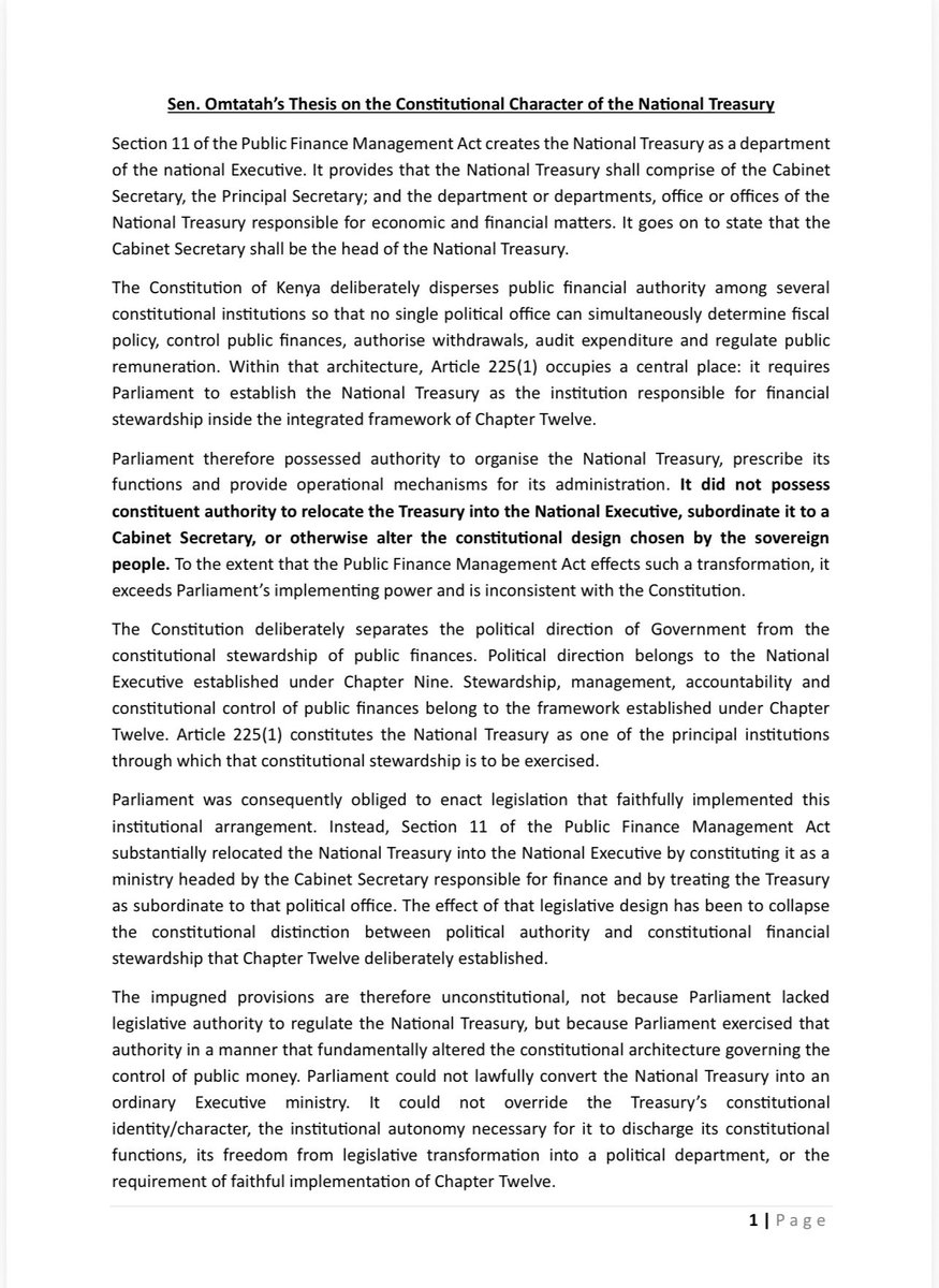 OkiyaOmtatah's tweet photo. FELLOW KENYANS, THE CONSTITUTION IS UNDER SIEGE! 🇰🇪

Our Constitution was designed with one clear principle. No single political office should have unchecked control over public money. That is why it separates political leadership from the management of the country’s finances.

Article 225(1) establishes the National Treasury as the constitutional custodian of public finances. Its role is too important to be left to politics alone.

Yet Section 11 of the Public Finance Management Act places the National Treasury under the National Executive and under the authority of a political Cabinet Secretary.

This is not a small legal issue. It goes to the heart of constitutional governance.

Parliament has the power to make laws that implement the Constitution. It does not have the power to change the Constitution through an ordinary Act of Parliament.

When the independence of public financial management is weakened, the checks that protect taxpayers’ money are weakened too.

The Constitution must remain above politics. Every law passed by Parliament must respect it.

If we fail to defend Chapter Twelve today, we risk eroding one of the most important safeguards for accountability and responsible use of public resources.

The Constitution belongs to all of us. Defending it is a duty we all share.