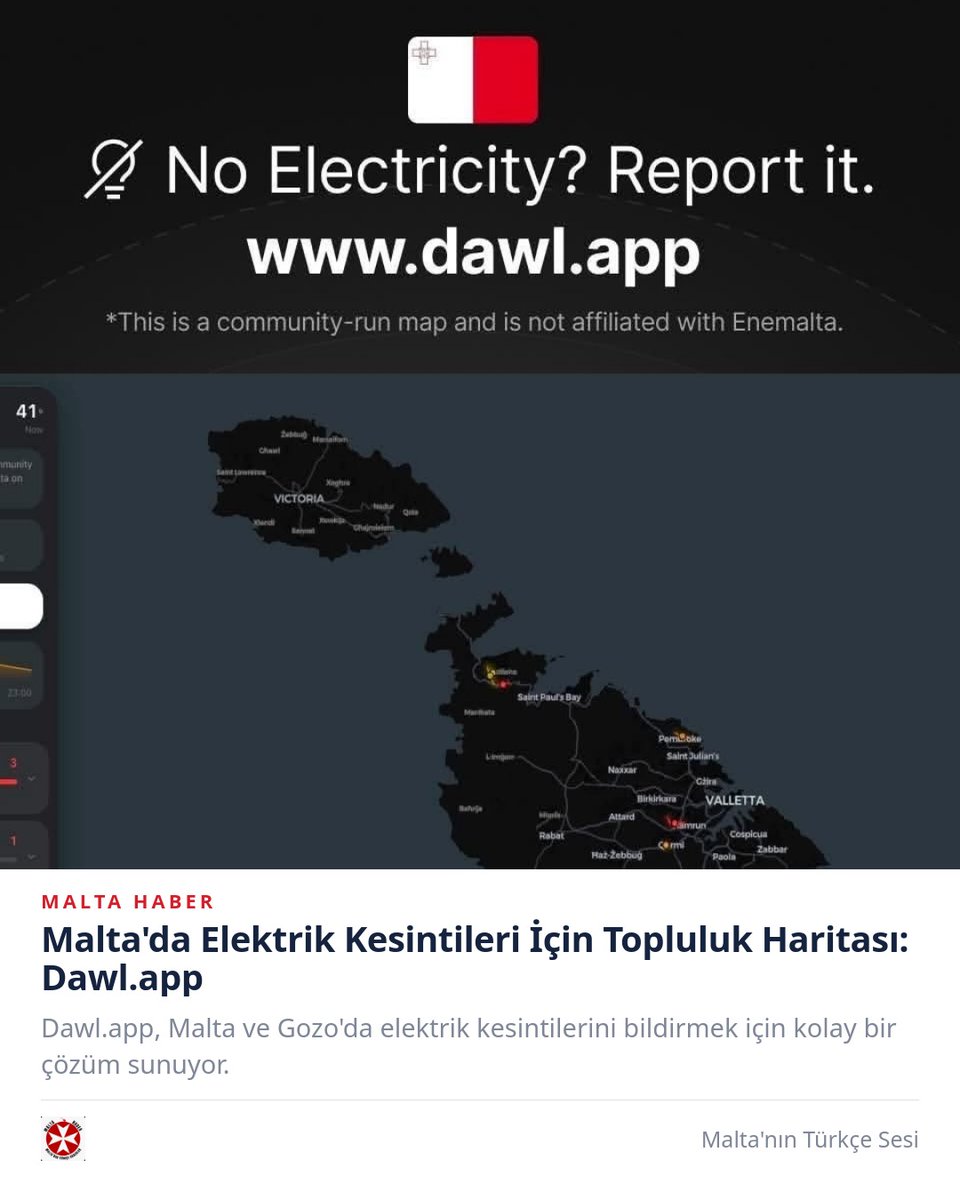 MaltaHaber's tweet photo. Malta'da Elektrik Kesintileri İçin Topluluk Haritası: https://t.co/qHWqLzD4uf
https://t.co/dhM3nxrma9
#Malta #ElektrikKesintisi #DawlApp #ToplulukHaritası #Gozo #Enerji https://t.co/46zJTfQnKa