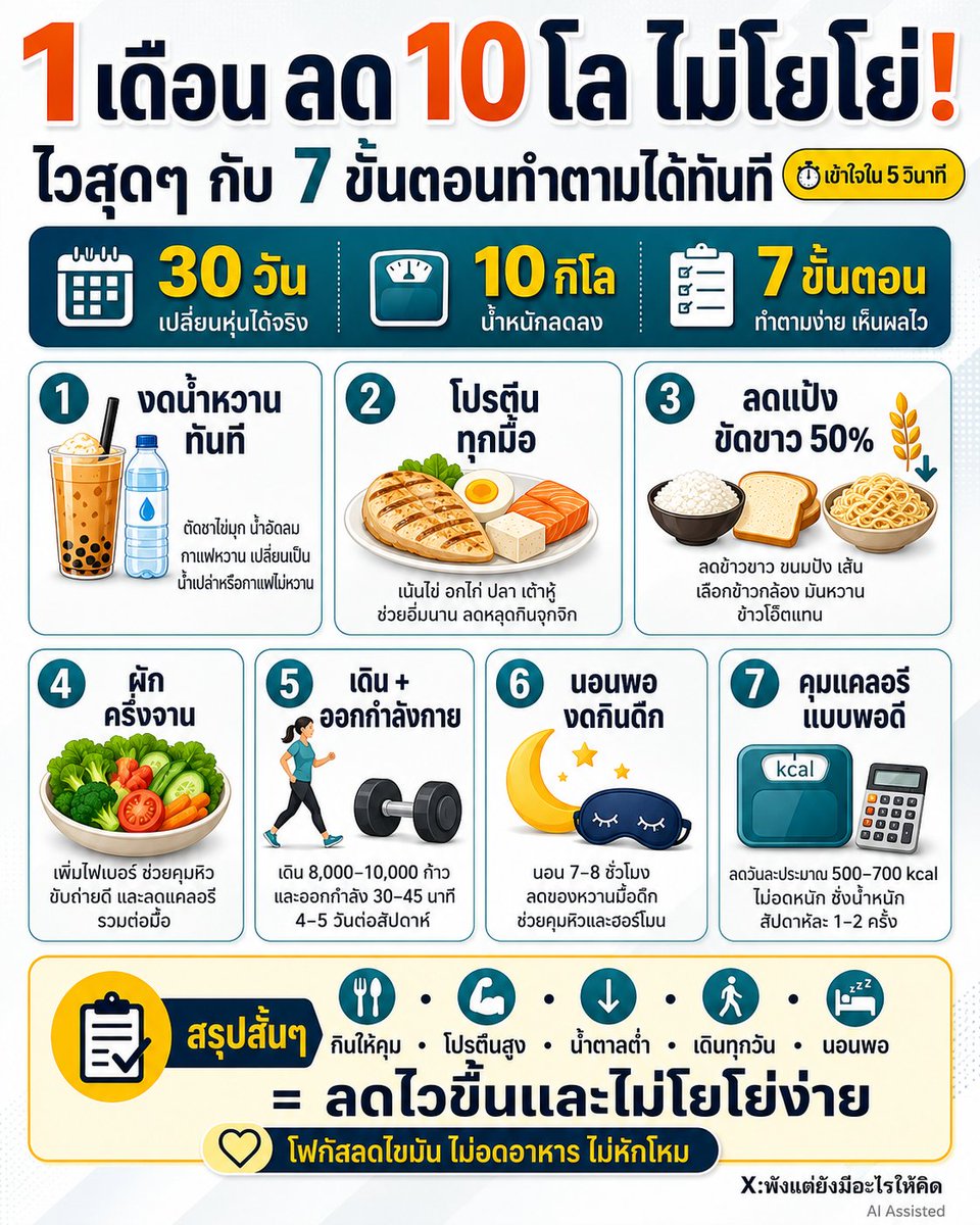 NO1CAPTION's tweet photo. เอาจริงนะ ลดน้ำหนักไม่ใช่อดจนหน้ามืด อดจนชีวิตพัง 😅
มันคือค่อยๆ ปรับสิ่งที่เราทำทุกวันมากกว่า

เริ่มจาก 7 ข้อนี้ก่อนเลย
งดน้ำหวาน เพิ่มโปรตีน ลดแป้งขัดขาว กินผักครึ่งจาน เดินเยอะขึ้น นอนให้พอ แล้วก็คุมแคลแบบไม่ต้องหักโหม

แต่ละคนลดไม่เท่ากันนะ อย่าไปกดดันตัวเองมาก
เป้าหมายคือ ลดไขมันแบบที่ยังใช้ชีวิตต่อได้ ไม่ใช่ทรมานตัวเองเพื่อให้เลขบนตาชั่งลงไวๆ

เซฟไว้ก่อน ค่อยๆ ทำทีละข้อ
ใครกำลังเริ่มลดเหมือนกัน ส่งให้กันดูหน่อย 🔥

#ลดน้ำหนักแบบไม่ทรมาน #ค่อยๆลดค่อยๆไป #ลดไขมัน #คุมอาหาร #สายสุขภาพ