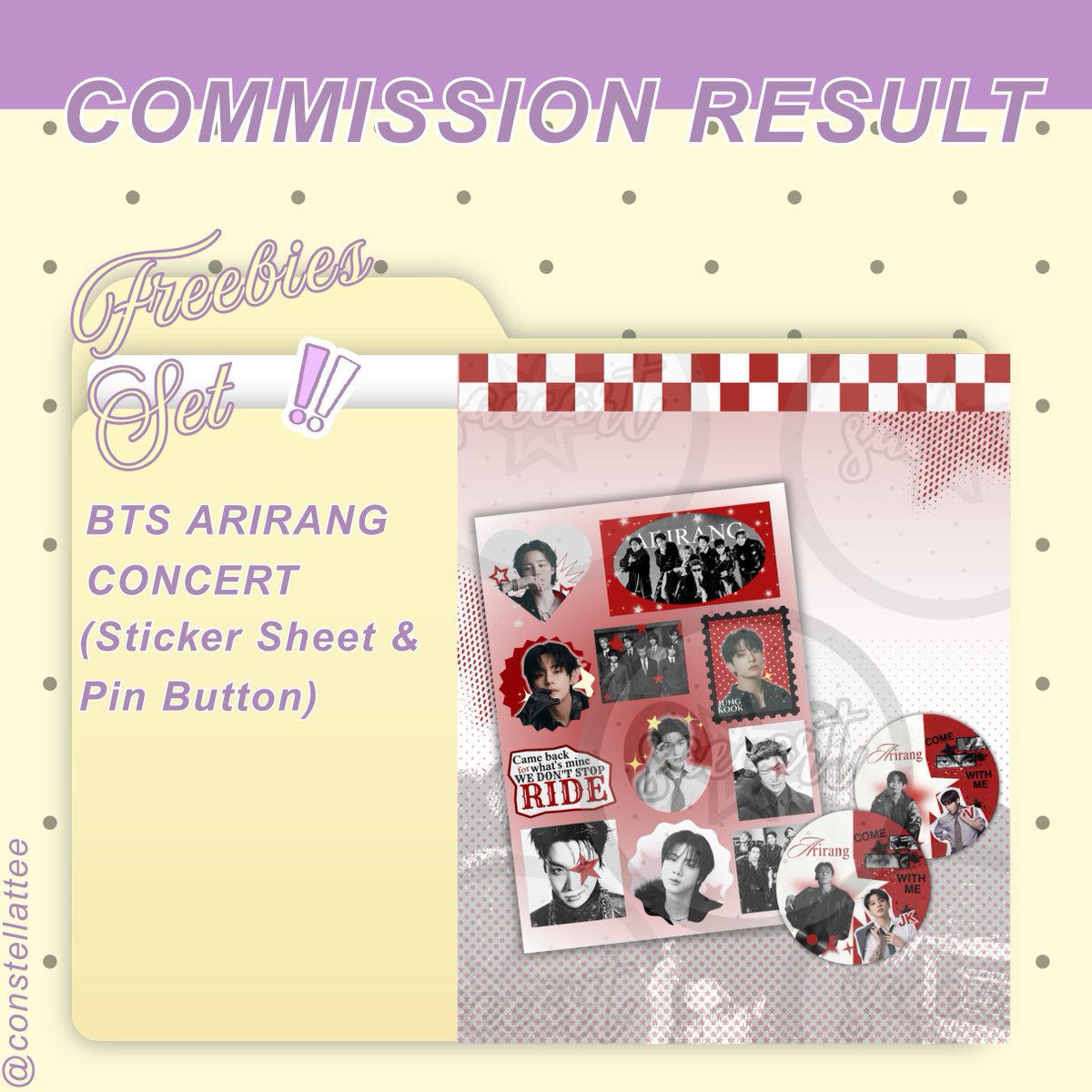constellattee's tweet photo. ✨Commission Result 
Sticker Sheet &amp; Pin Button — Freebies Set for BTS Arirang Concert

Open slot, DM for commission!
🖇️https://t.co/ZQvqKwU8WS

 #freebiesdesign  #opencommision #zonauang https://t.co/FZwfXCapUM