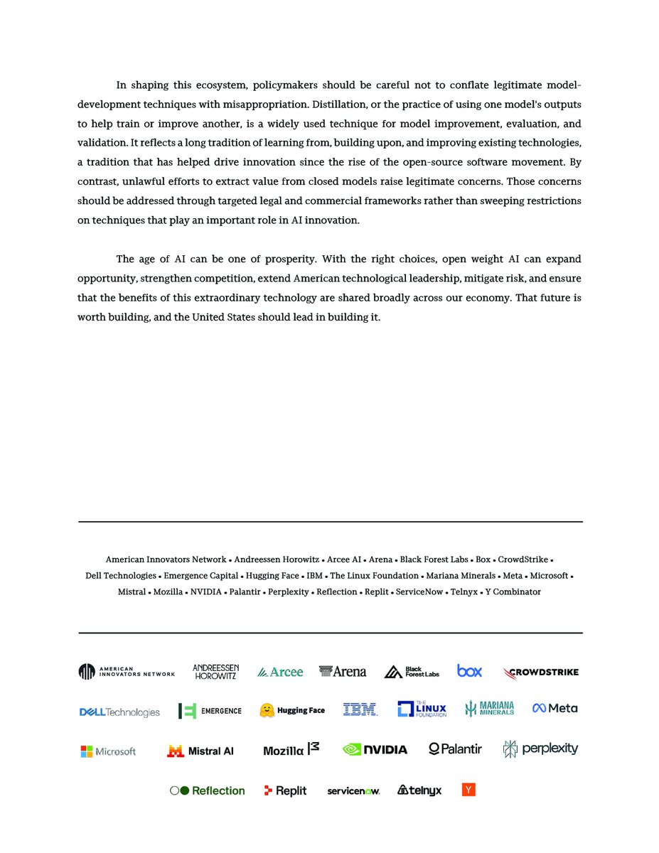 PalantirTech's tweet photo. Twenty years ago, Palantir was a new entrant.

Today, we stand with some of tech’s biggest and emergent players to reject a future where a select few closed, frontier models rule them all.

Sovereignty and prosperity require American leadership in a strong open-weight AI ecosystem that strengthens competition, keeps customers in control, and drives the benefits of ingenuity across the economy.