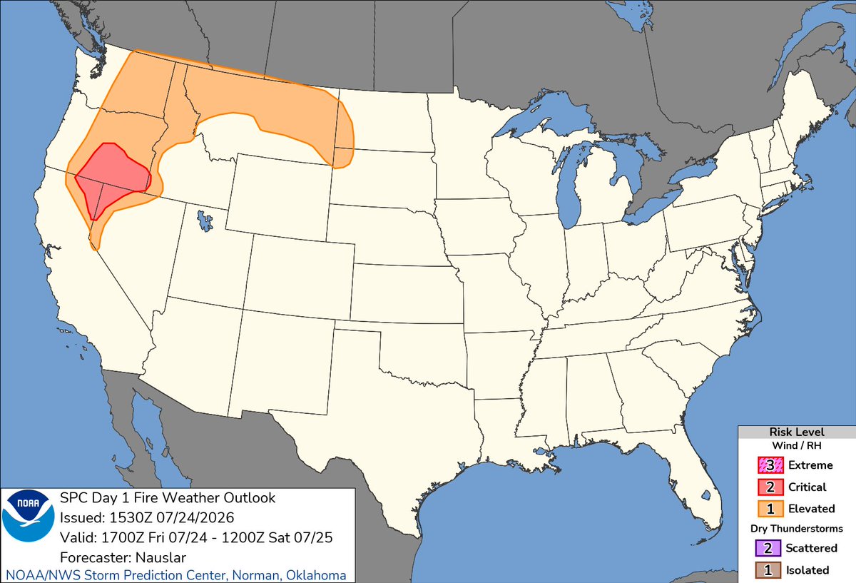 NWSSPC's tweet photo. 10:32am CDT #SPC Day1 #FireWX Critical: south-central/southeast oregon, northeast california, northwest nevada, and far southwest idaho https://t.co/Sz3kci5ng7 https://t.co/EZqobtobBy