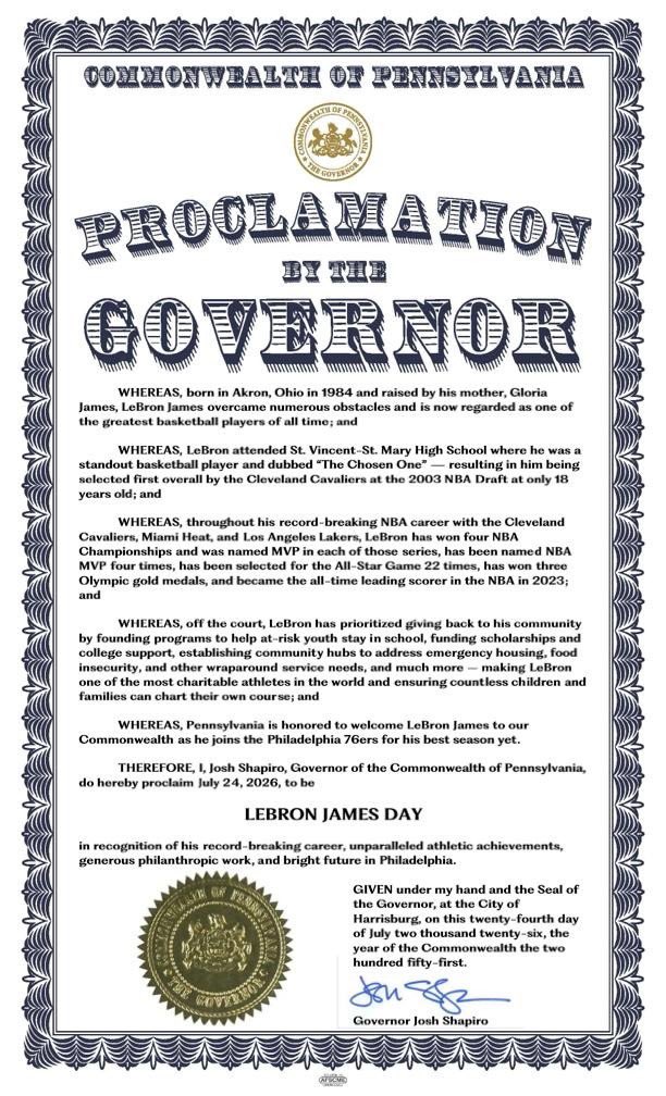Governor Josh Shapiro Proclaims LeBron James Day in Pennsylvania