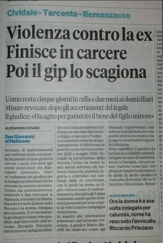 lafionda_com's tweet photo. Accusato dalla ex convivente di maltrattamenti;
#CodiceRosso, misure cautelari immediate: prima in carcere e poi ai domiciliari.
Non era vero niente, infatti ora la donna è indagata per calunnia.
#falseaccuse, il flagello del terzo millennio.
Il Messaggero del Friuli - 23/07/26 https://t.co/vOEbpUWKWE