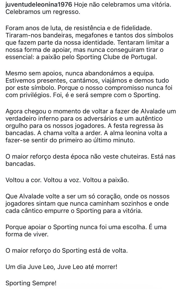 Sporting_CPAdep's tweet photo. Juventude Leonina anuncia o regresso. https://t.co/dRggrEMXnL