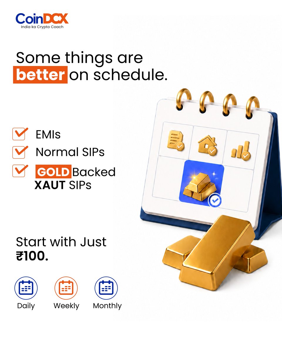CoinDCX's tweet photo. Gold investing just got more flexible.
Start a Gold SIP in XAUT (Tether Gold) on CoinDCX from just ₹100 and invest daily, weekly, or monthly.

#XAUT #Tethergold #GoldSIP #CoinDCX https://t.co/lSoWEOz3DJ