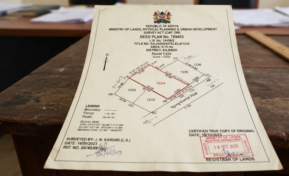 HamerkopBLDRS's tweet photo. Copied and pasted as is. 
Source - Njogu Survayor, Facebook.

A deed plan  often prepared or certified by the Director of Surveys  is the legal map attached to your title that defines the parcel’s dimensions and position. 

It’s different from an estate layout or an estate agent’s sketch because the deed plan is registered and used in legal processes. 

When you look at a deed plan, you’re seeing the document the registry uses to identify your parcel. 

It may be older and hand-drawn for long-held rural plots, or modern and georeferenced for recent surveys. 

If your deed plan seems unclear, consider requesting a modern re‑survey and produce a certified plan that references current coordinates. 

For transfers, mortgages, or disputes, the deed plan is central always check it, understand its references, and reconcile any differences between what’s on paper and what’s on the ground.  

Njogu Surveyor 
Registered ®️ Land Surveyor