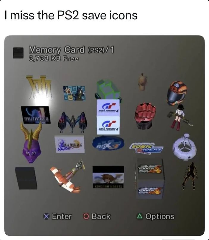 MellorSofia's tweet photo. PS2 save icons had more personality than some modern game menus. Every save felt like a tiny collectible. 🎮💾✨
#PS2 #PlayStation2 #RetroGaming #GamingMemories #Nostalgia #ClassicGames #MemoryCard #Gamers #OldSchoolGaming #PlayStation #GamingCommunity #RetroGamer #VideoGames https://t.co/733NEOfqIS