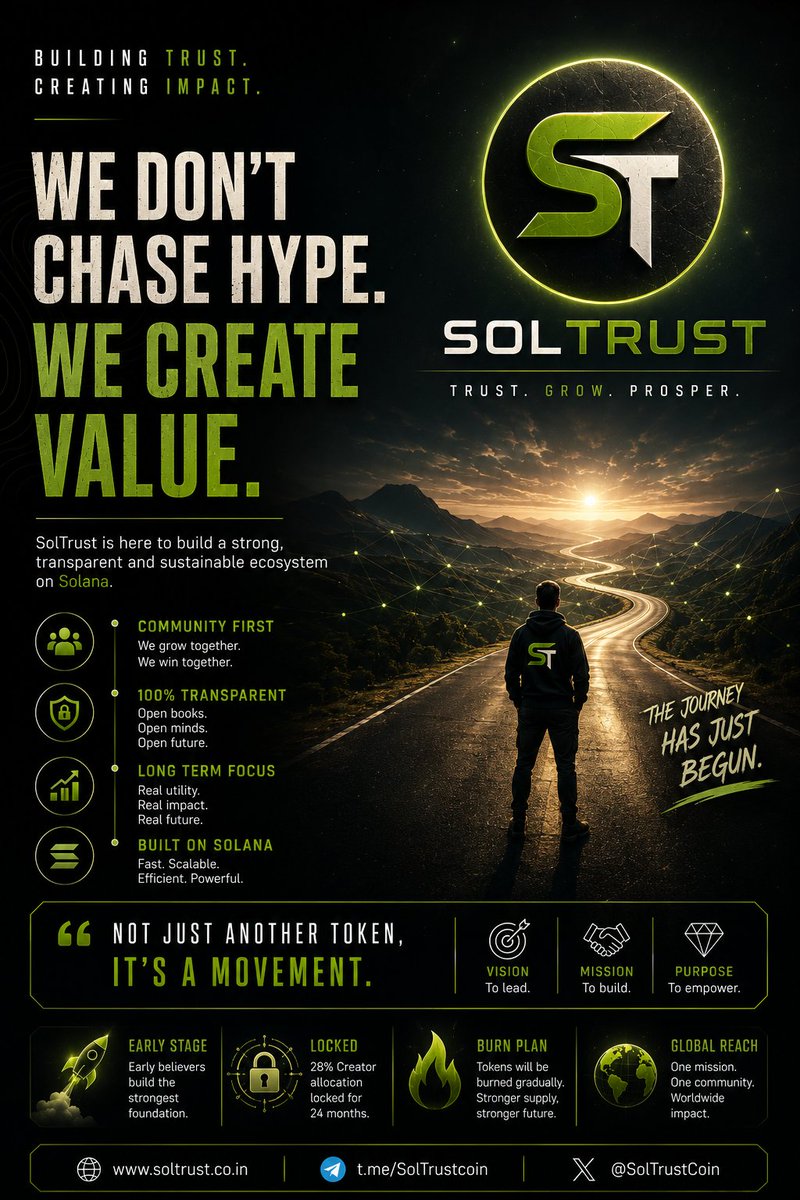 SolTrustCoin's tweet photo. The market remembers builders, not noise.
We don't chase hype.
We create value.
🚀 Join the journey.
🌐 https://t.co/fVLDNlCu1J�
📢 https://t.co/rTrnlrbEKz
🐦 @SolTrustCoin
#SolTrust #SOLT #Solana #Crypto #Web3 https://t.co/v35OarWxxy