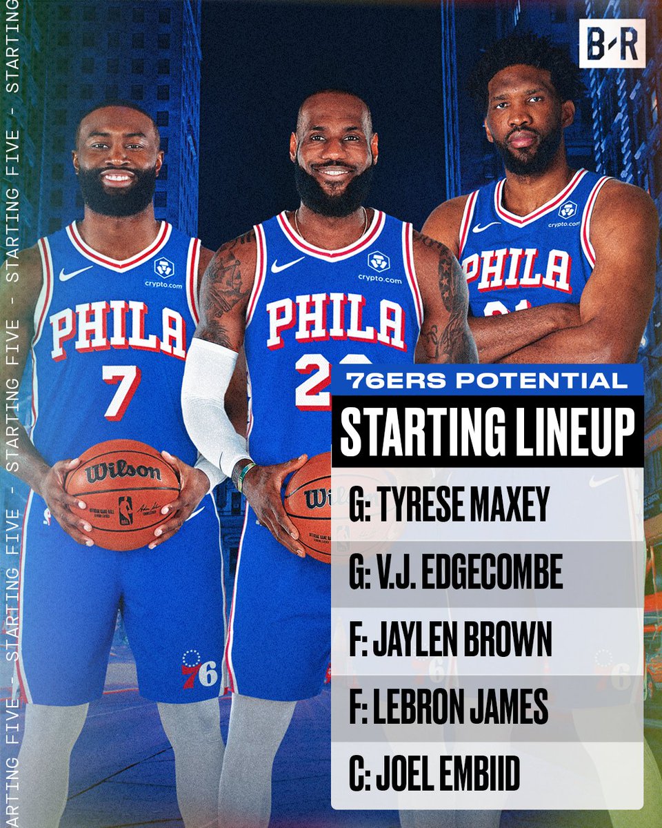 BleacherReport's tweet photo. Sixers potential starting lineup looking scary 🫣

How far will this team go in the East? 👀 https://t.co/VUjZRzsJfB
