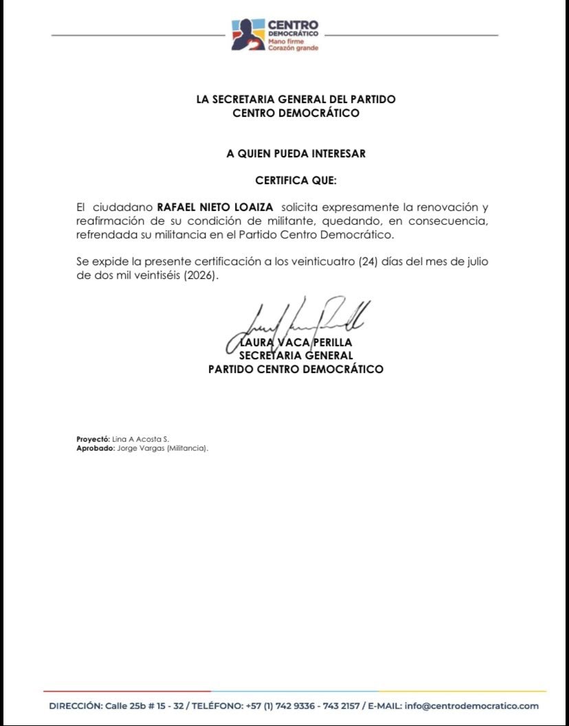 RafaNietoLoaiza's tweet photo. Comparto la certificación que acredita la renovación de mi militancia en el @CeDemocratico.

Reafirmo con orgullo mi compromiso con las ideas que siempre he defendido: democracia, instituciones republicanas, Estado de Derecho e imperio de la ley, diálogo respetuoso con los contradictores, seguridad, respeto de la propiedad privada y economía de mercado, trabajo sin descanso por los más necesitados. 

La tarea es construir una Colombia más justa, segura y próspera para todos sin excepción. La política no se trata de ganar elecciones sino de encontrar e implementar soluciones eficaces para los problemas de los ciudadanos
