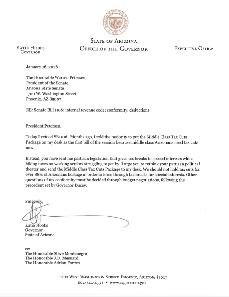 leewah's tweet photo. @katiehobbs Legislative Republicans cynically kept sending #AZGov @KatieHobbs partisan tax legislation, like #SB1106, that gave tax breaks to special interests while raising taxes on seniors. Fortunately she vetoed those bills &amp; called for the #AZLeg to pass her Middle Class Tax Cuts package https://t.co/1udDLDjpBM