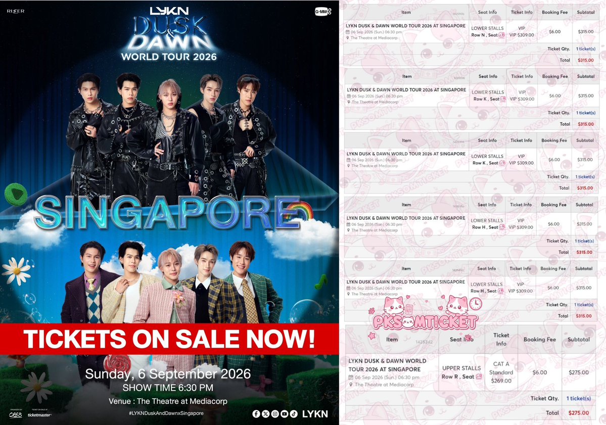 pksom_ticket's tweet photo. ⋆˚✿˖° รีวิวกดบัตร ⋆˚✿˖° 

LYKN DUSK &amp; DAWN WORLD TOUR 2026 – SINGAPORE 🇸🇬

#LYKNDuskAndDawnxSingapore

- ทั้งหมด 6 ใบ - 
🎟️ VIP 309 SGD : 5 ใบ
🎟️ Cat A SGD : 1 ใบ

❌มีเจ้าของทุกใบค่ะ Not for sale❌

🍀ขอบคุณลูกค้าที่เข้ามาใช้บริการนะคะ
👉🏻#PKSOMกดบัตร
👉🏻 #pksomxglobal https://t.co/lc39QWmh3V