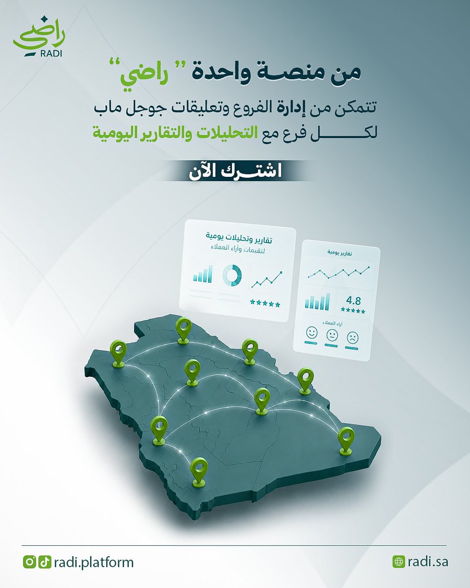 Radi_Platform's tweet photo. سيطرة مركزية موحدة لكل فروعك 🌟
ومراجعات جوجل ماب في شاشة وحدة بدون تشتت 👌
لتعرف أداء مشروعك في أقل وقت📊
اشترك الآن📲

#راضي
#تقييمات_جوجل 
#جوجل_ماب
#خرائط_جوجل 
#السعودية https://t.co/XebwRiKbTd