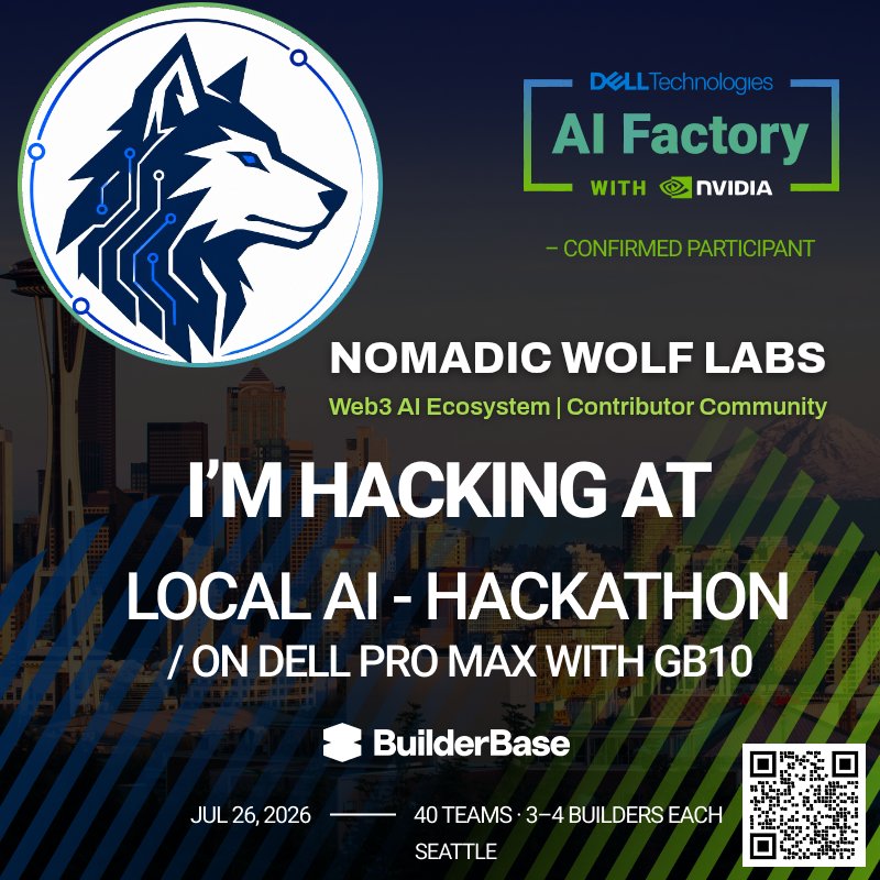NomadicWolfX's tweet photo. Accepted. @nvidia
Nomadic Wolf Labs is heading into the Dell × NVIDIA AI Hackathon to explore Local AI, open models, and agentic systems with builders from across the ecosystem.
Let's build. 🐺🙌
#AI #NVIDIA #DellTechnologies #BuilderBase #NomadicWolfLabs #AgenticAI #TechWeek https://t.co/gq7ooFveu4