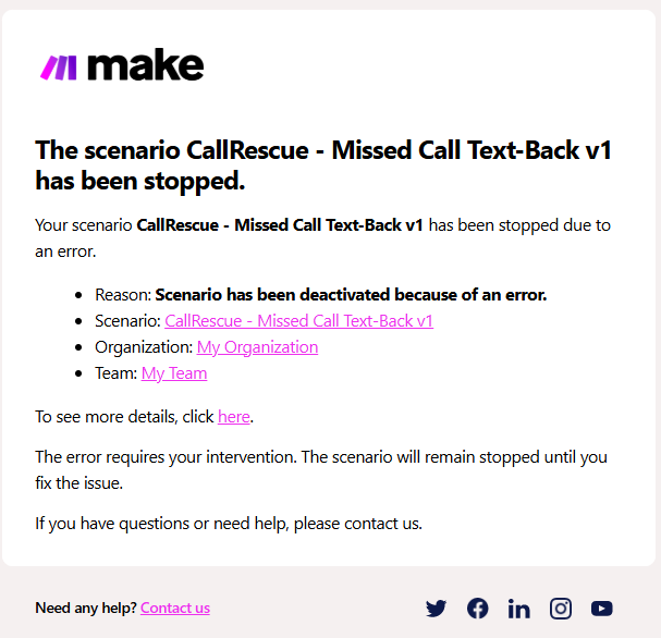 holdembuilds's tweet photo. Tuesday I shared the three bugs a merchant found before launch. Here's the one I didn't see coming.

Launch day, someone outside the UK rang the demo line. One unhandled foreign number tripped an error and the whole missed-call flow quietly stopped. No crash, no alert. Just off, until I noticed.

Screenshot attached: the actual email that told me.

Fixes: per-module error handlers so one odd call can't stop the scenario, and it only answers UK numbers now, since it serves UK trades.

The lesson still rewiring my head: it failed silently, and silent is the worst possible failure mode for a tool whose whole job is catching what people miss.

Question for anyone running automations in production: how do you find out the moment a scenario dies? Polling feels dumb. What's your setup?

Full post-mortem is on my timeline if you want the gory version.