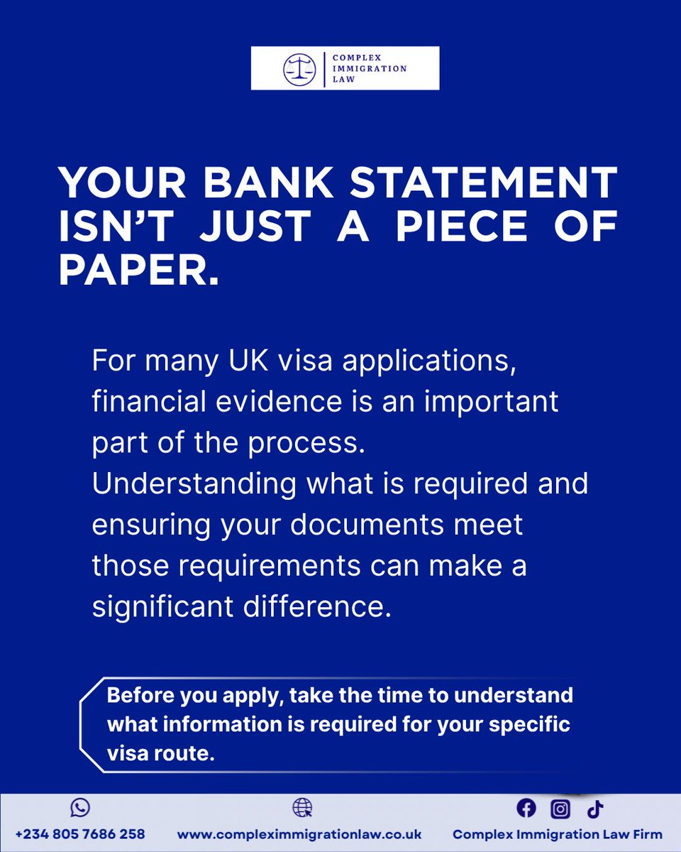 CIL_Firm's tweet photo. When preparing a UK visa application, financial documents are more than paperwork, they help support your application.
📞 Speak with our team if you need guidance.
#ukvisa #financialevidence #ukimmigration #visatips #immigrationadvice https://t.co/YAO9rIkzKz
