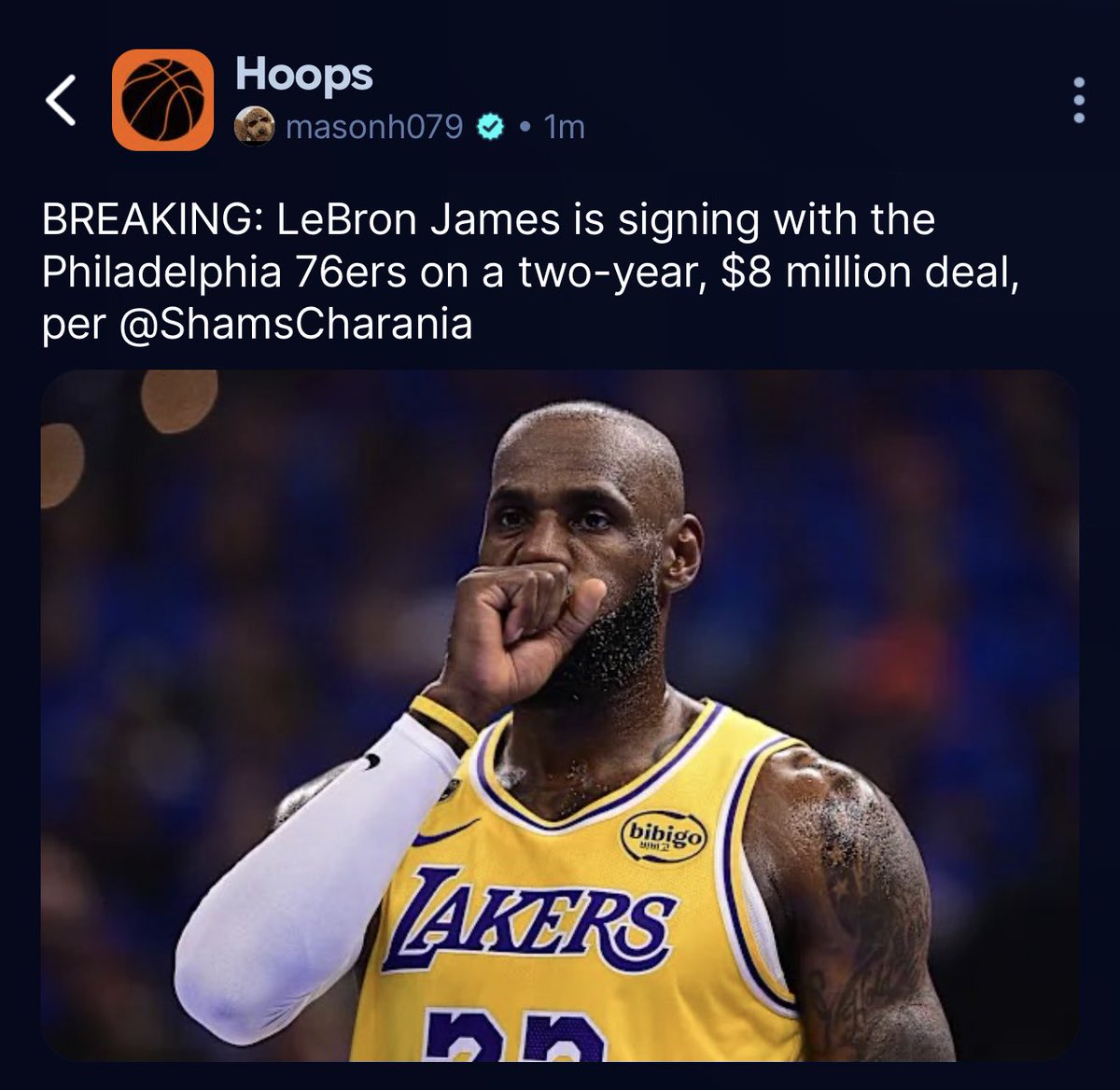 HitaLickPicks's tweet photo. LeBron James is a 76er!!! 

Same city Kobe was born in 😂😆

“8” million dollar deal like Kobe’s first number who also wore #24 

This is LeBron’s 24th season 

This is the 81st NBA finals 

Kobe bean Bryant = 81 https://t.co/3PLzkgjmRe