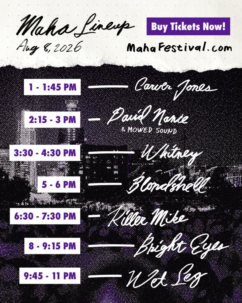 mahafestival's tweet photo. SET TIMES ARE LIVE 🎸 Aug 8 at Heartland of America Park:
1 PM Carver Jones
2:15 David Nance &amp; Mowed Sound
3:30 @whitneytheband
5 @Blondshe11
6:30 @KillerMike
8 @brighteyesband
9:45 @wetlegband
Tickets: https://t.co/DSm1uq1ayc 🎟️
Who's your must-see? 👇 #Maha2026 https://t.co/7sxeXwQOVV