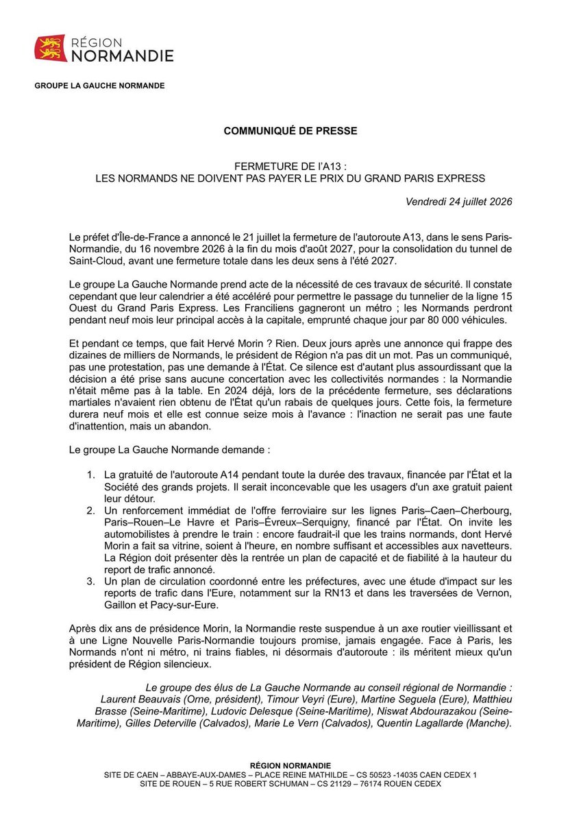 GaucheNormande's tweet photo. FERMETURE DE L’A13 : les Normands ne doivent pas payer le Grand Paris Express

9 mois de fermeture Paris-Normandie (16/11/26→été 2027) pour le tunnelier ligne 15. 80k véhicules/j touchés.

On demande : A14 gratuite, trains renforcés, plan circulation. https://t.co/O5qvoJ2Z0n