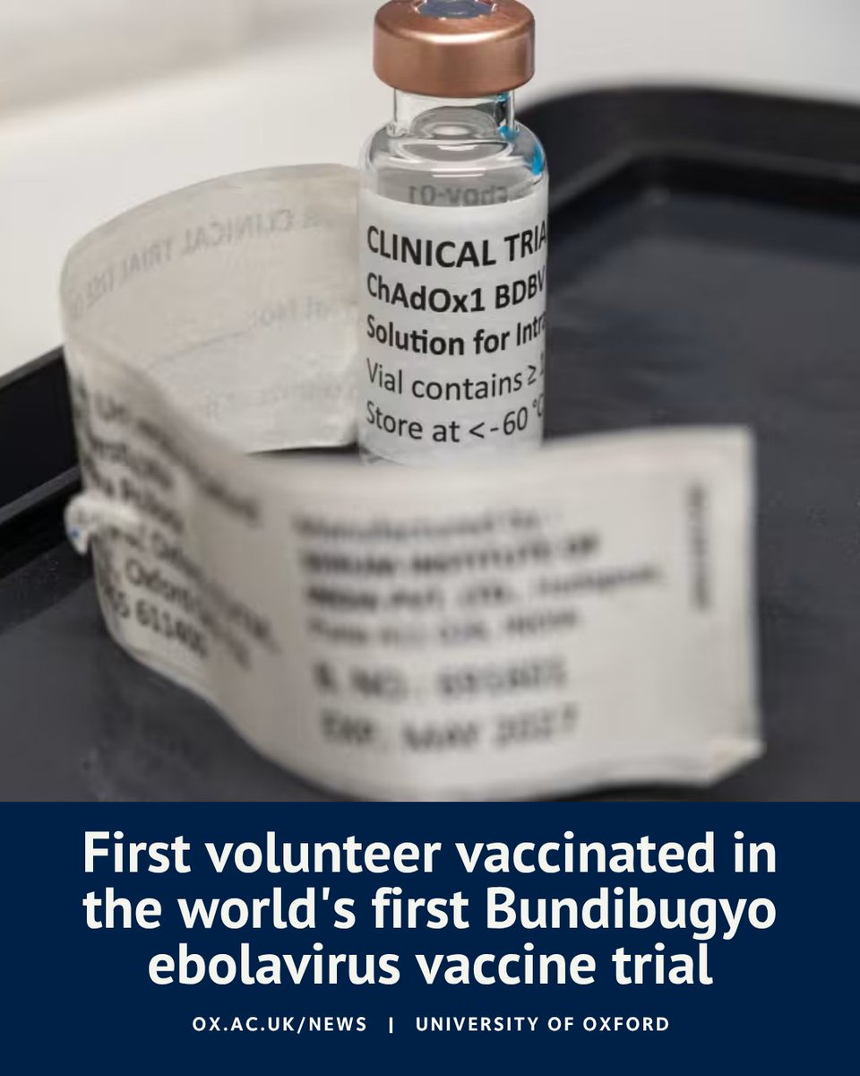 UniofOxford's tweet photo. NEW: Oxford’s @OxfordVacGroup  has today successfully vaccinated the first volunteer in the world’s first clinical trial of a vaccine designed to protect against Bundibugyo ebolavirus (BDBV). 

Find out more ⬇️
https://t.co/2pMJqXyLZx https://t.co/nID1tFANYc