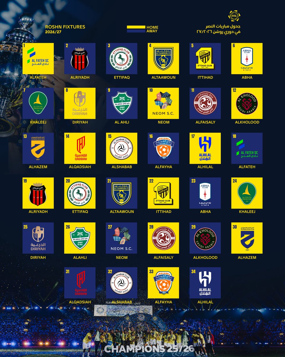AlNassrFC_EN's tweet photo. The champions’ road ahead is set 🗓️💛

Our 2026/27 Roshn Saudi League fixtures are here

A new season. A new journey. The same ambition to remain on top 🏆 https://t.co/fRPOxoXVDP