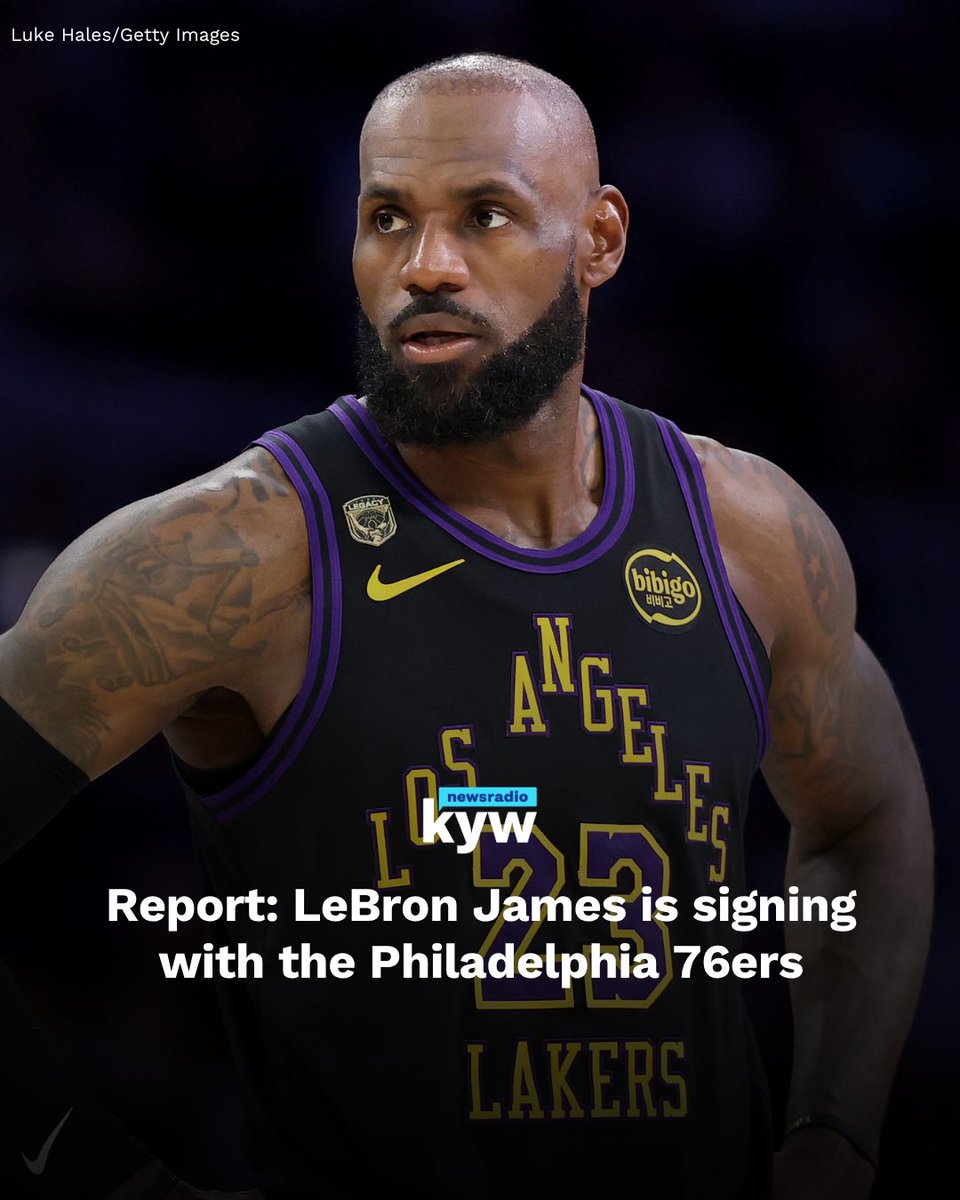 KYWNewsradio's tweet photo. BREAKING: LeBron James is taking his talents to Philadelphia. ESPN reports James is signing a two-year, $8 million deal with the 76ers, which includes a player option. https://t.co/b9LUiwUPaR