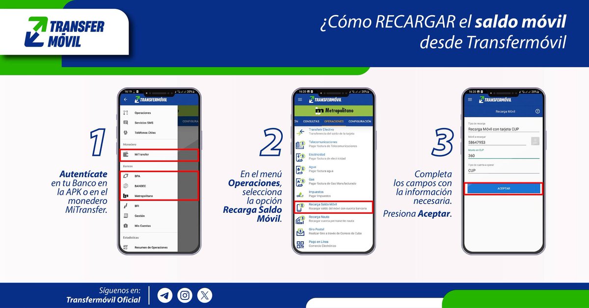 transfermovilcu's tweet photo. Recuerda que…
Con Transfermóvil puedes recargar tu saldo móvil utilizando el saldo de tu tarjeta bancaria o del Monedero MiTransfer, hasta alcanzar el monto total de 360 CUP en el transcurso de 30 días. 💵📲
Podrás recargar a tus allegados, hasta 360 CUP por cada línea móvil. 📥 https://t.co/fHBrajzpVX