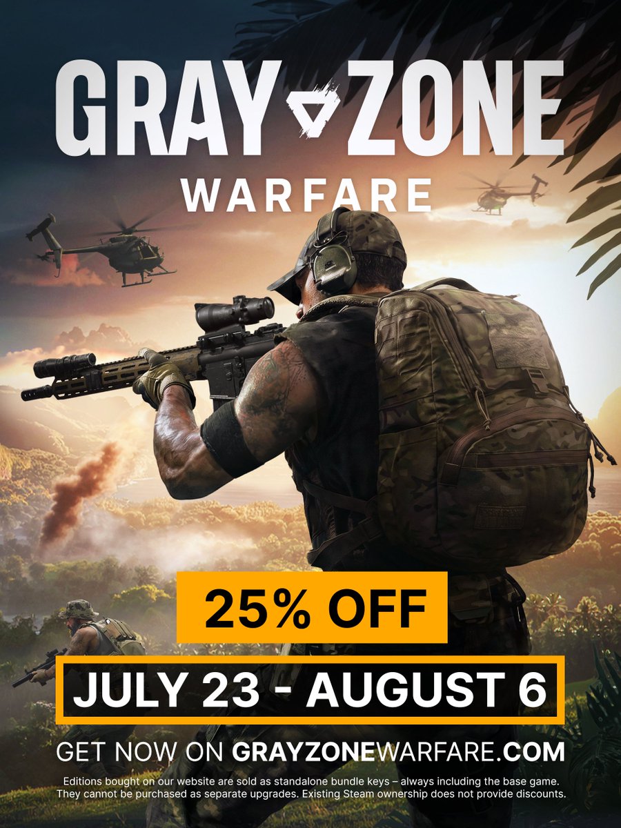 GrayZoneWarfare's tweet photo. Grab Gray Zone Warfare at 25% off on our website! 

The sale ends on August 6 at 6 PM EDT. 🔗👇 https://t.co/tY0Yl9zjgw