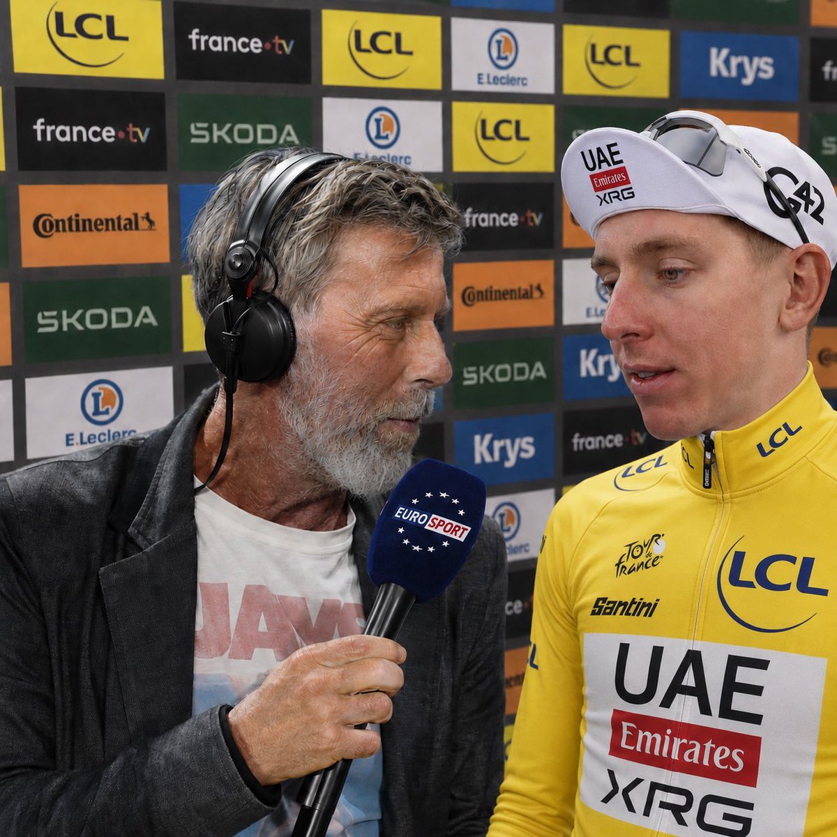 LouRay88's tweet photo. #TDF2026 

« Ouais j’suis avec Tadège la.. vous m’entendez ? Tad’ comment do you feel in the mountain comment tu t’es senti dans la montée ?………Tia pas pas pris des dès de mimolette dans le virage des hollandais ? qu’il y’avait Thymen pas loin hahahahah, non simplement you kill the Tour encore today tia encore frappé un grand coup….j’te laisse aller prendre ton 484ème maillot jaune ça va chambrer au protocole hein hahaha Tié parti pour  gagner le tour, en tout cas on te le souhaite, thank you Tadège »