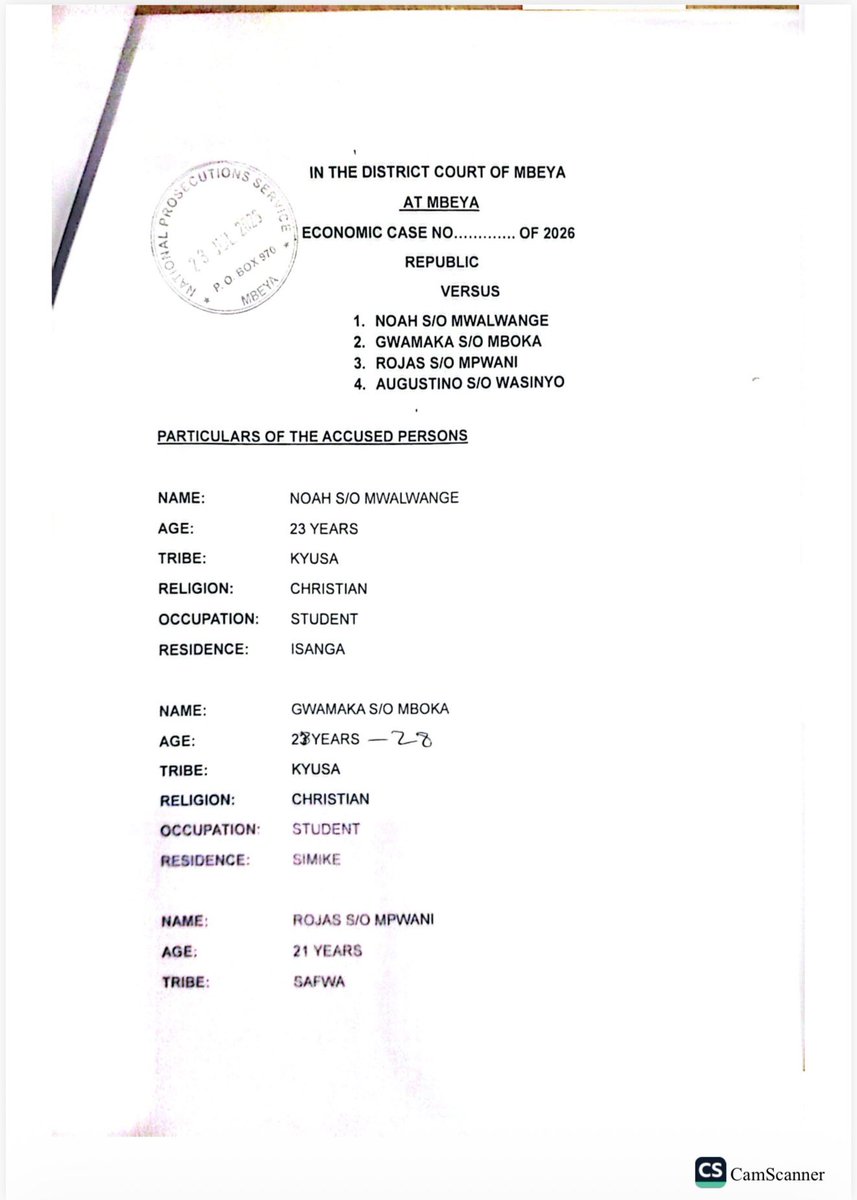 Liberatus80's tweet photo. UPDATE: Urgent from Tanzania:

Yesterday alone, 28 Tanzanian citizens were charged with terrorism, including more CHADEMA youth in Mbeya. Charge sheet attached.

This is not justice. It’s a systematic campaign to criminalize opposition and silence dissent.

The students charged were with CHADEMA Vice Chairman @HecheJohn in Mbeya last month. Among them: CHASO Chairman Noah Mwalwange and Secretary General Gwamaka Mboka, now branded terrorists for their political affiliation.

28 people in one day. The world must not look away.

The world must act now, before Tanzania slides into Nicaragua or Iran-level repression.

@SenatorShaheen @SFRCdems @SenTedCruz @RepBrianMast @HouseForeignGOP @HouseForeign @EUinTZ @EP_HumanRights @EP_ForeignAff @SenatorRisch @davidmcallister 

#FreeTunduLissu #SamiaMustGo #CcmMustGo #TanzaniaMassacre