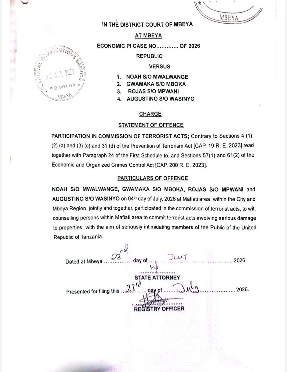 Liberatus80's tweet photo. UPDATE: Urgent from Tanzania:

Yesterday alone, 28 Tanzanian citizens were charged with terrorism, including more CHADEMA youth in Mbeya. Charge sheet attached.

This is not justice. It’s a systematic campaign to criminalize opposition and silence dissent.

The students charged were with CHADEMA Vice Chairman @HecheJohn in Mbeya last month. Among them: CHASO Chairman Noah Mwalwange and Secretary General Gwamaka Mboka, now branded terrorists for their political affiliation.

28 people in one day. The world must not look away.

The world must act now, before Tanzania slides into Nicaragua or Iran-level repression.

@SenatorShaheen @SFRCdems @SenTedCruz @RepBrianMast @HouseForeignGOP @HouseForeign @EUinTZ @EP_HumanRights @EP_ForeignAff @SenatorRisch @davidmcallister 

#FreeTunduLissu #SamiaMustGo #CcmMustGo #TanzaniaMassacre
