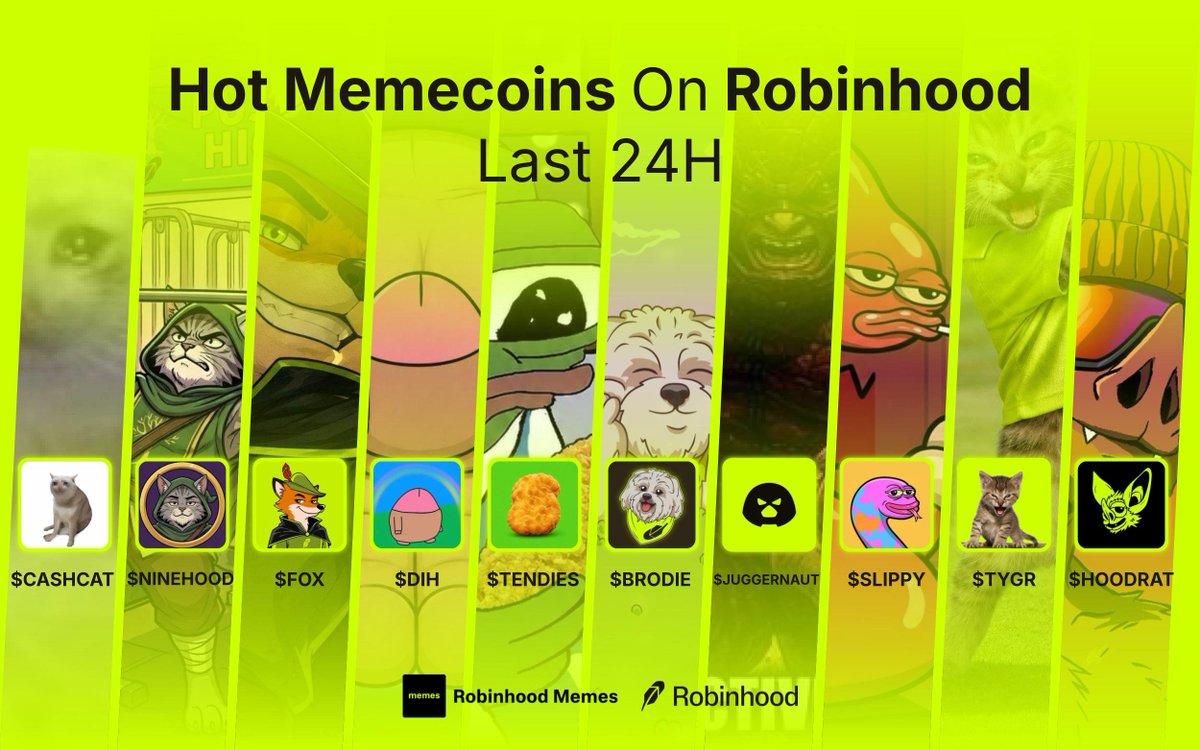 MemesRobinhood's tweet photo. Trending memes on Robinhood last 24h 

Which gem are you picking today?👇

$CASHCAT
$NINEHOOD
$FOX
$DIH
$TENDIES
$BRODIE
$JUGGERNAUT
$SLIPPY
$TYGR
$HOODRAT https://t.co/GfR9TtHa9A