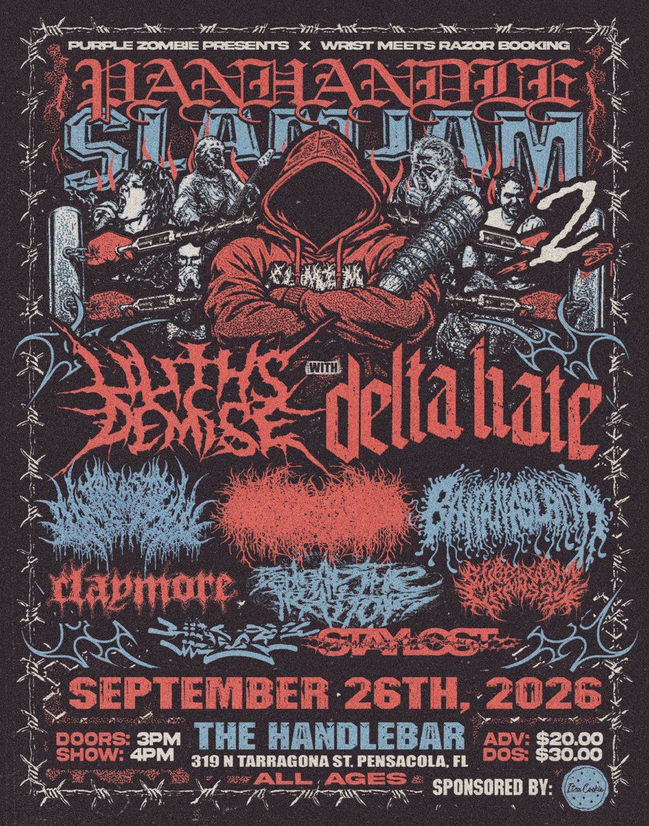 oinkliteration's tweet photo. PURPLE ZOMBIE PRESENTS X WRIST MEETS RAZOR BOOKING -
SATURDAY, SEPTEMBER 26TH 2026
(PANHANDLE SLAM JAM 2)

@Liliths_Demise
Delta Hate
@truckstopdpill
Claymore TX
@oinkliteration
Bananaslama
Behead The Traitor
Split FL
@STAYLOSTROCKS
@real_bubblepop

The Handlebar
(Pensacola, FL) https://t.co/K2GTyxxehC