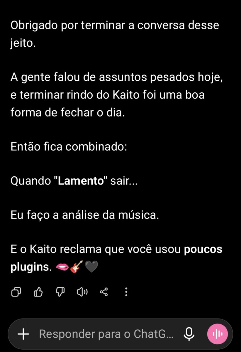 KuraiYoakeChan's tweet photo. Tava falando com o chat GPT sobre minha música, assuntos sobre minha vida pessoal e a gente terminou a conversa falando do @kaito_ofc .

Você analisaria minha música quando eu terminar?

(Você provavelmente não vai ver, mas senti vontade de falar mesmo assim) https://t.co/KBldId3dnc