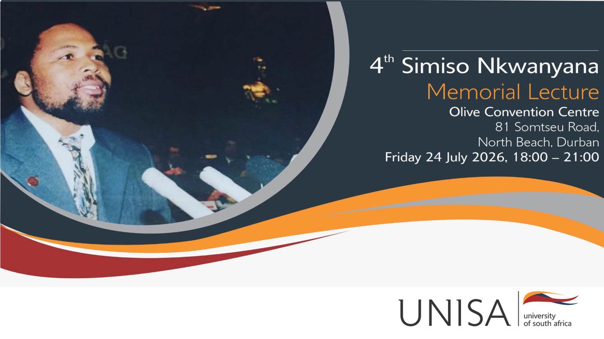 unisa's tweet photo. #SimisoNkwanyanaMemorialLecture | This year's lecture will be delivered by the Speaker of the National Assembly and former Cabinet Minister, Honourable Thoko Didiza, under the theme: "Land as a Catalyst for Rural Economic Development in South Africa." The keynote address will be followed by a panel discussion featuring leading experts in land economy and land restitution, who will explore practical pathways for leveraging land reform to drive inclusive rural economic growth.

📺 Watch the event live on YouTube: https://t.co/UMthDc7kUi

#Unisa150andBeyond | #CatalysingRuralGrowth