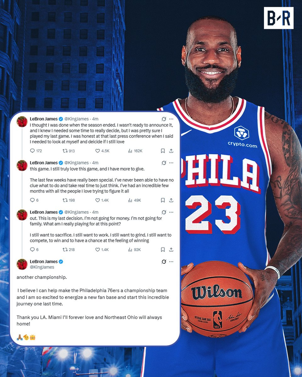 BleacherReport's tweet photo. LeBron explains joining the 76ers: https://t.co/rcBQZlUdmU