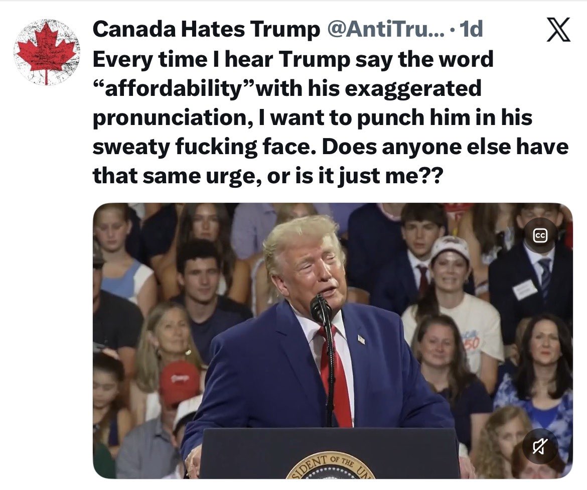 AntiTrumpCanada's tweet photo. Hey guys, the visibility of my July 22nd post about wanting to punch Trump in his sweaty fucking face has been limited for violating X’s rules, so here it is again just in case you agree with me and want to retweet it. https://t.co/OI8jm9dQcR