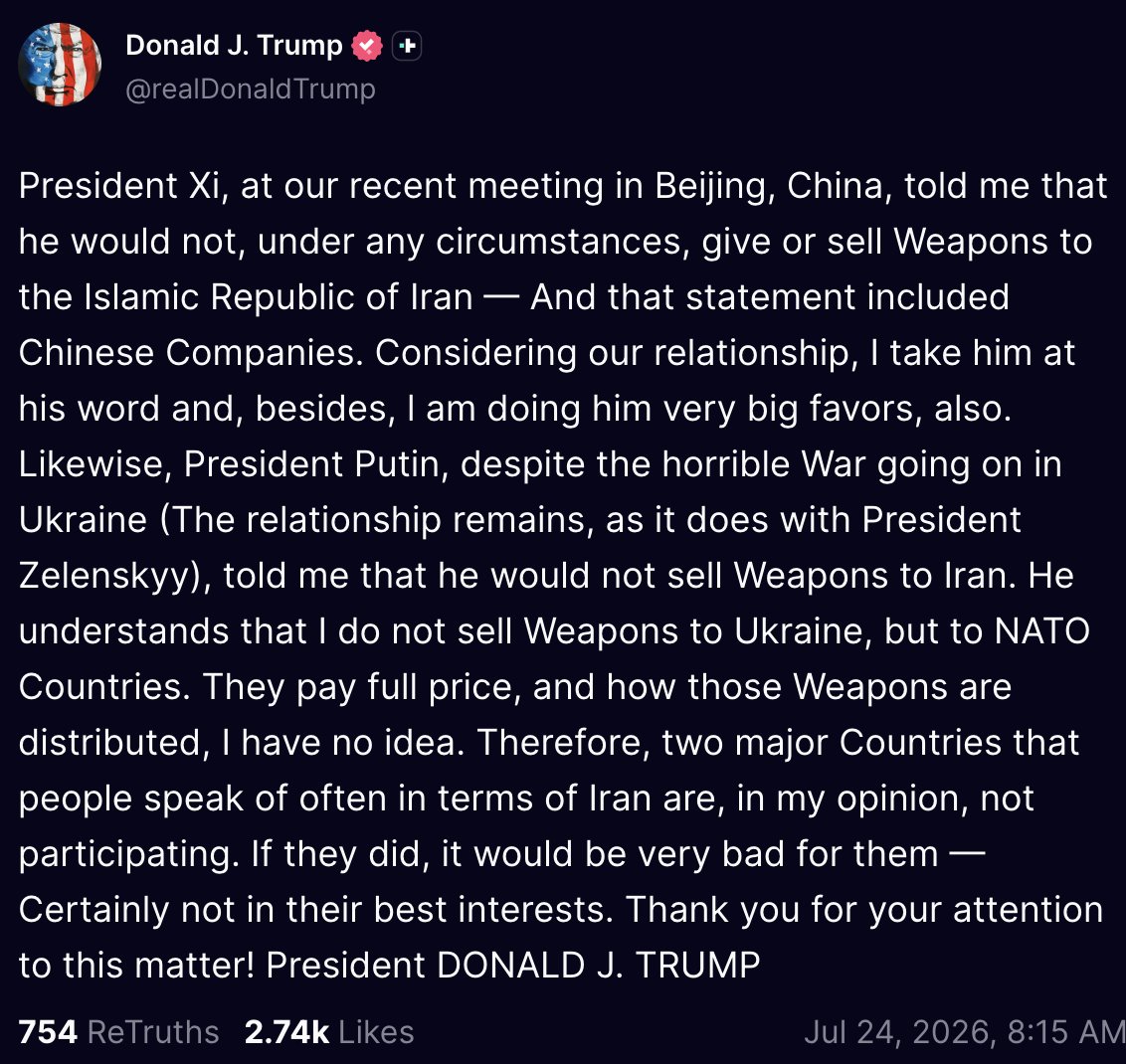MeidasTouch's tweet photo. Trump says both Xi Jinping and Vladimir Putin personally assured him they would not sell weapons to Iran, adding that he "takes them at their word," claiming he's doing Xi "very big favors," and warning that if they lied to him, "it would be very bad for them." https://t.co/i0fSYPnHIa