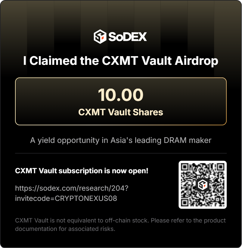 VaultSeek's tweet photo. I just claimed 10.00 CXMT Vault airdrop shares on the RWA Research Hub 🎉
CXMT Vault gives ValueChain users a yield opportunity in Asia's leading DRAM maker.

CXMT Vault subscription is now open:
👉 https://t.co/sUzpeiuNIX https://t.co/R5h8Hl8NHD