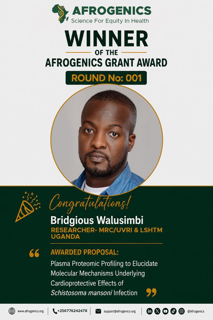 afrogenics_org's tweet photo. Congratulations to Bridgious Walusimbi, Researcher at MRC/UVRI & LSHTM Uganda, on winning the Afrogenics Grant Award – Round 001.

His award-winning proposal is focused on, "Plasma Proteomic Profiling to Elucidate Molecular Mechanisms Underlying Cardioprotective Effects of Schistosoma mansoni Infection,"

We look forward to working together on this exciting study 

#Proteomics
#PrecisionMedicine