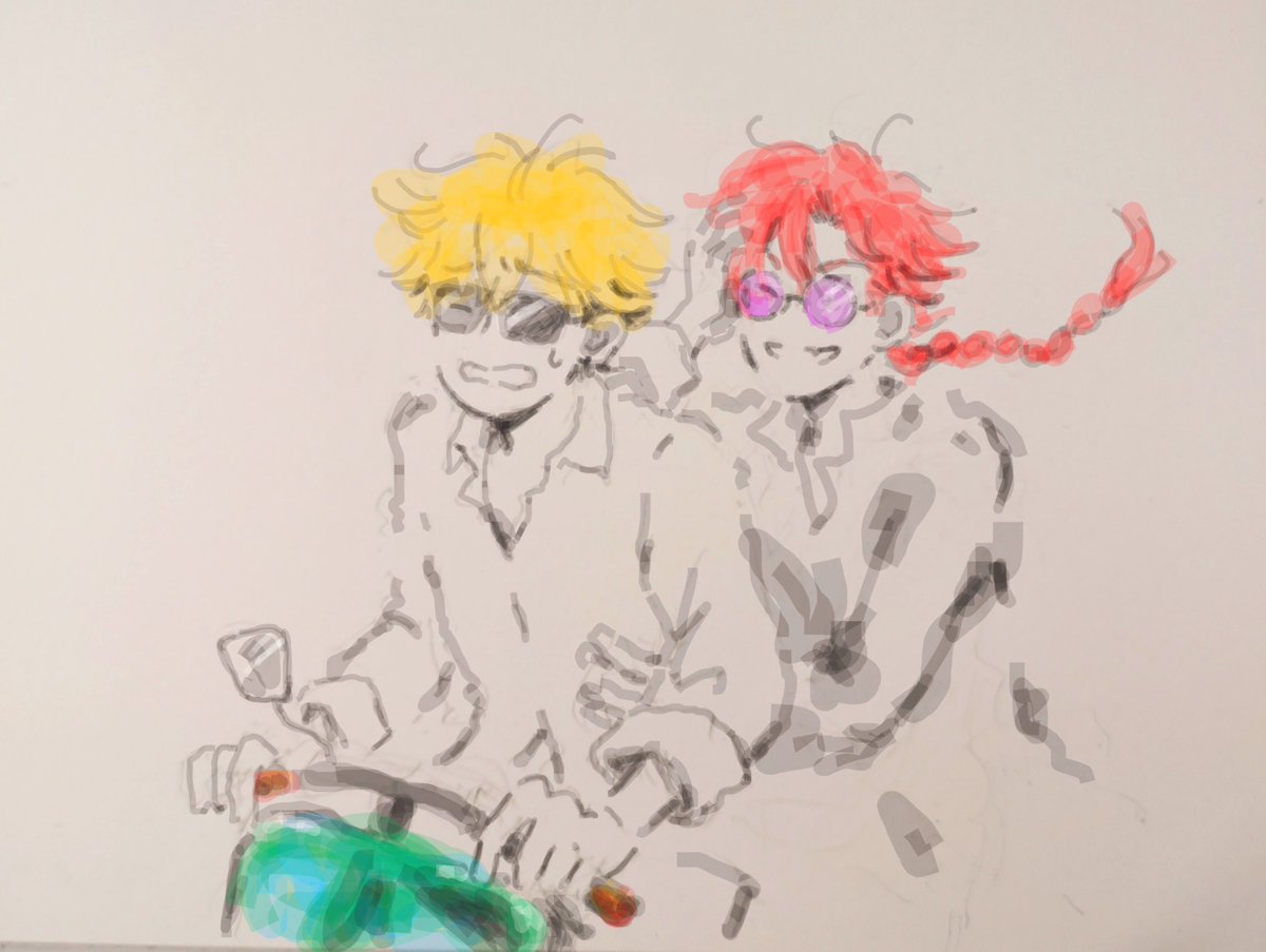 sskk_tetori's tweet photo. 去年5月の…絵…
この頃まだマウスで描けるようになろうとしており、我ながら涙ぐましいひどさで笑ってしまうう泣、のだけど、夏…バカンスとかを…陽気で平和なやつを…してくれ（る世界になんとかなりませんか）…的なものが描きたかったようで
（なぜかバイクなのは多分ローマの休日が頭にあった） https://t.co/AWcx4cK58h