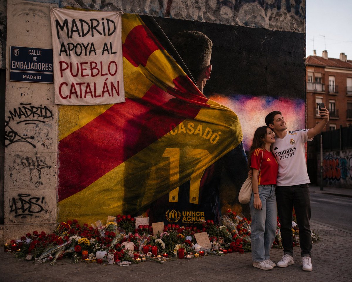 BatutdeCoco's tweet photo. El mural de Marc Casadó a Madrid s'omple de roses i mostres de suport a Catalunya.
Uriel Acosta, autor de l'obra: "Queda clar que a Madrid i arreu d'Espanya, el Barça i Catalunya són sempre rebuts de braços oberts." - diu mentre se li escapa el riure.
#BatutToday #IA #nideconya https://t.co/PkzliW3EJ8
