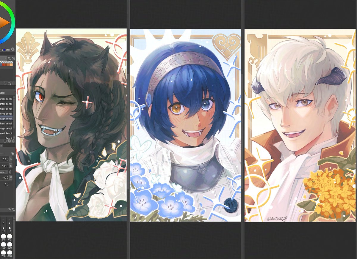 aurusagi's tweet photo. poca designs for some metaphor boys...! 🌷🪻🌻 #MetaphorReFantazio https://t.co/Mf44AGRXaa