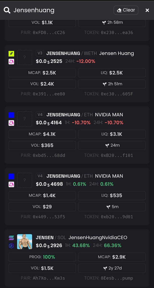 smolguybase's tweet photo. @dexscreener only show 2 token called JENSENHUANG on base chain

Ca 1: 0xB2000000000000000000005A51Ab794C12a4f101

Ca 2: 0xb2000000000000000000004b14495EE381039d01

Dyor @bankrbot @base https://t.co/3fbrfEe2FY