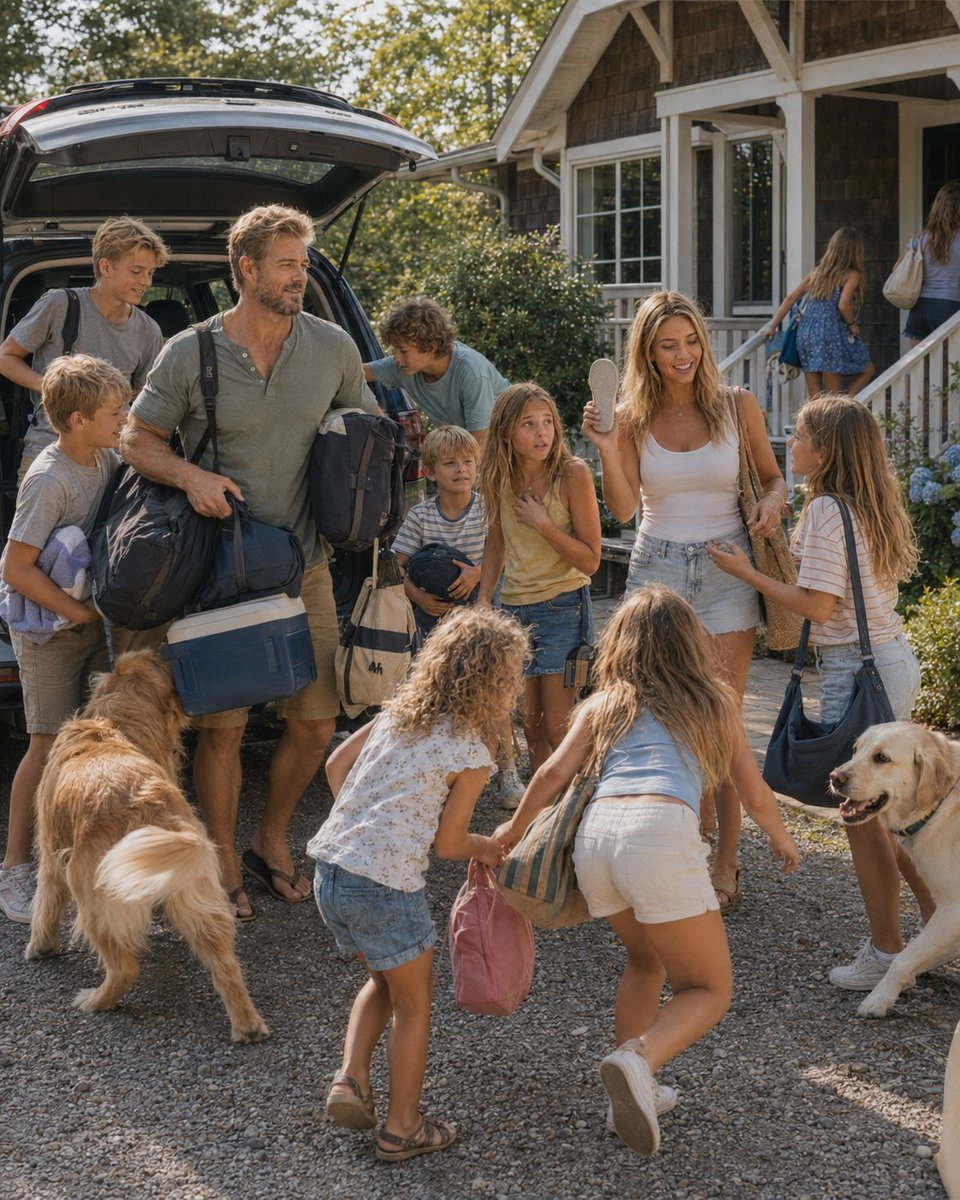 BoosterGoldKid's tweet photo. Episode 4: The Blonde Bunch finally arrive at the vacation house. The kids spill out of the SUV, the dogs race toward the yard, Dad is buried under luggage, and Mom is trying to figure out which kid already lost a shoe. A candid “we made it” chaos scene. #TrevorDonovan #donofans https://t.co/hpQpCCFzyX