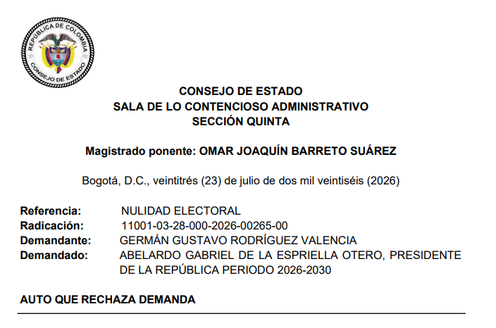 millanrussy's tweet photo. El Consejo de Estado acaba de RECHAZAR la segunda demanda de nulidad contra la elección de Abelardo De La Espriella. En esta ocasión, fue interpuesta por el tinterillo Germán Gustavo Rodríguez Valencia.

Se viene una cascada de rechazos, tal y como les dije ayer. https://t.co/uFZaEXo6d7